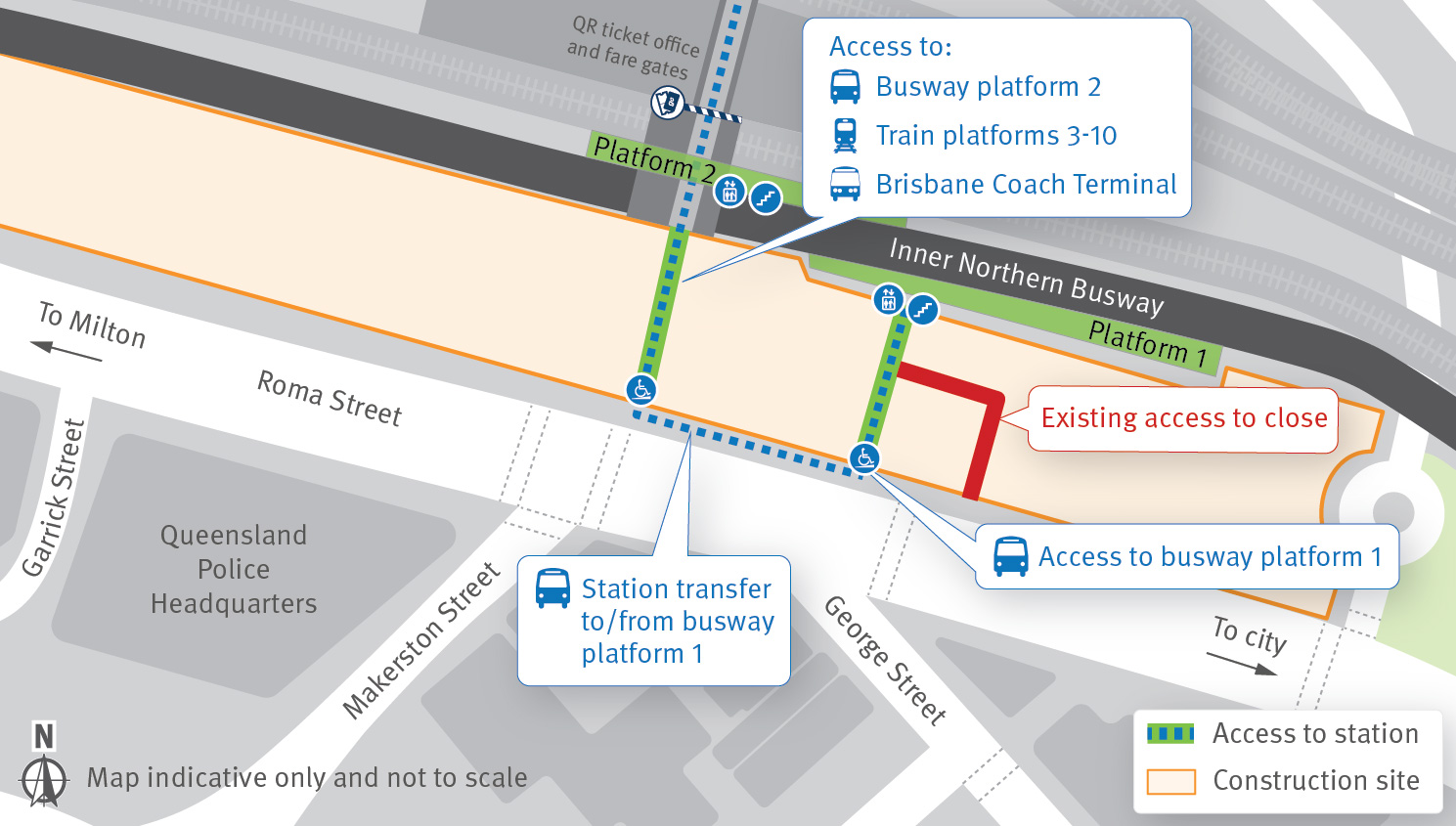 Access change to Roma Street busway platform 1 from 18 May 2026.