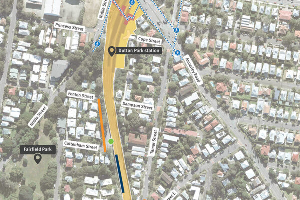 Map of Dutton park works areas in June and July 2026.