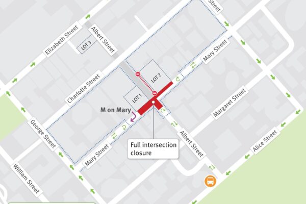 Mary Street and Albert Street intersection temporary full closure and detour 7:00pm Friday 12 June to 5:00am Monday 15 June 2026.
