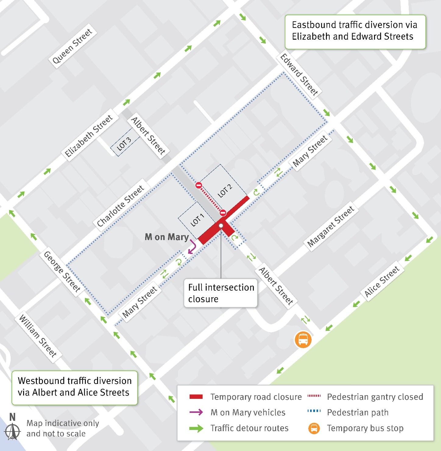 Mary Street and Albert Street intersection temporary full closure and detour 7:00pm Friday 12 June to 5:00am Monday 15 June 2026.
