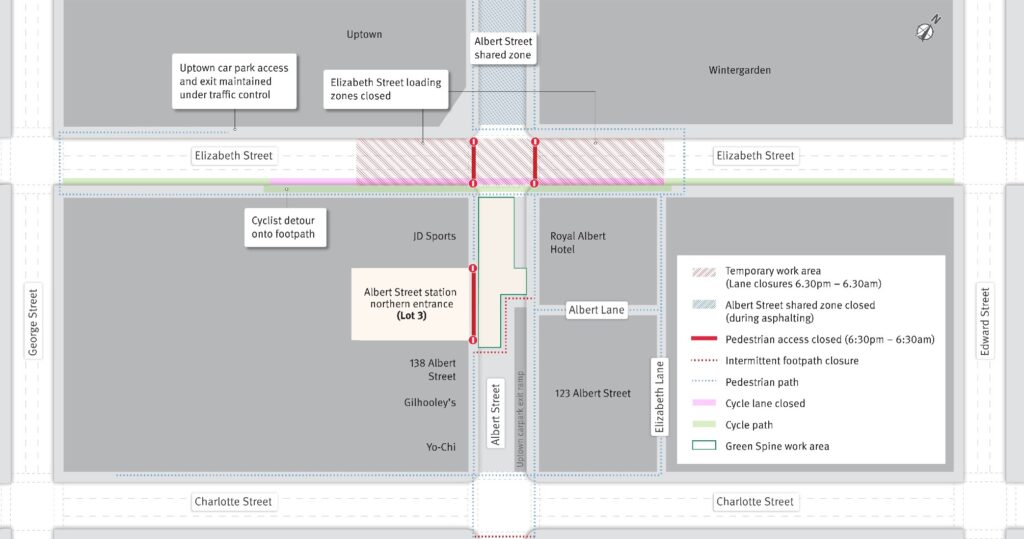 Map showing Elizabeth Street Road Resurfacing – night time lane closures, cycle lane closure and pedestrian detours from 6:30pm Monday 22 June to 6:30am Saturday 27 June 2026