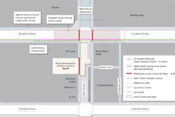 Map showing Elizabeth Street Road Resurfacing – night time lane closures, cycle lane closure and pedestrian detours from 6:30pm Monday 22 June to 6:30am Saturday 27 June 2026