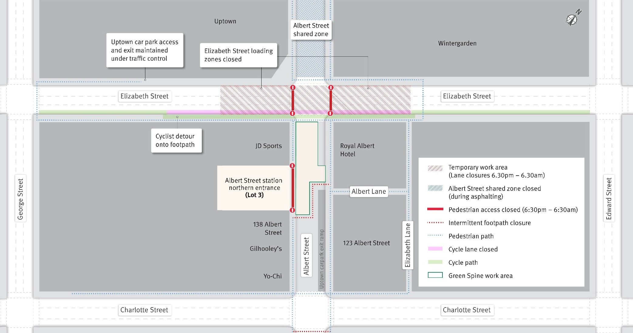 Map showing Elizabeth Street Road Resurfacing – night time lane closures, cycle lane closure and pedestrian detours from 6:30pm Monday 22 June to 6:30am Saturday 27 June 2026.