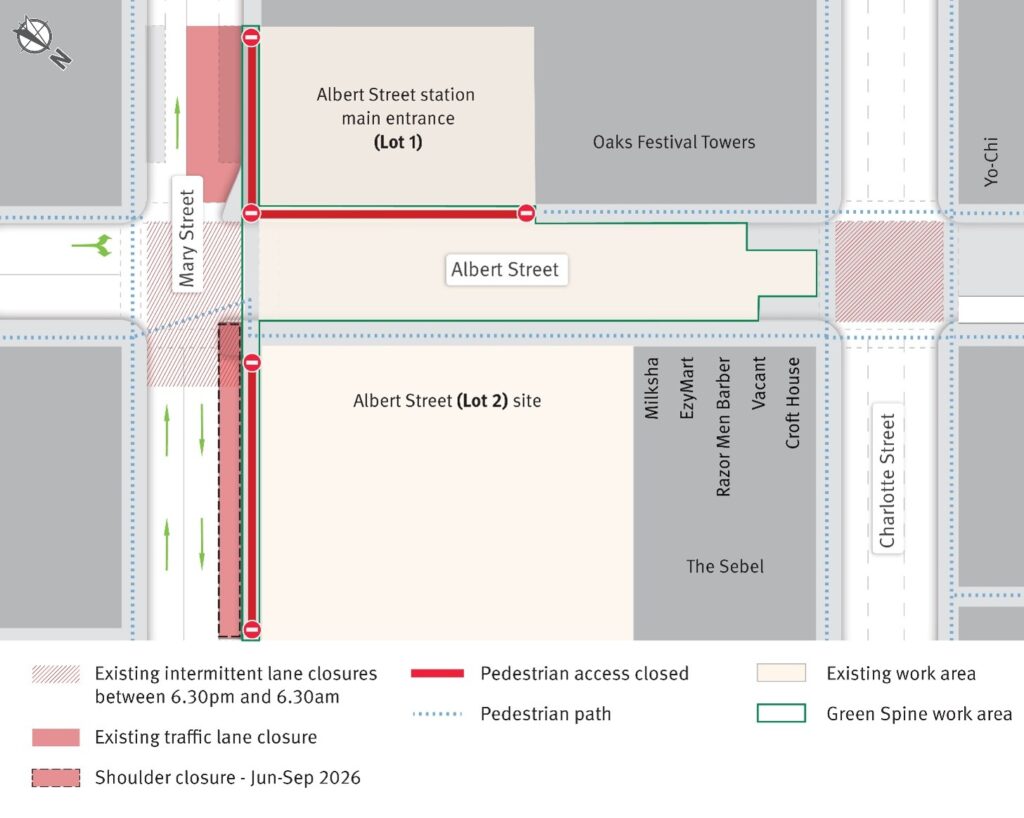 Temporary traffic changes on Mary Street with an additional shoulder closure on Mary Street from June to September 2026 to accommodate Green Spine works.