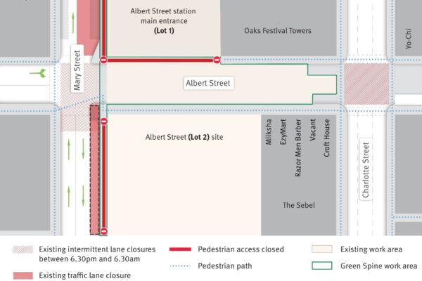 Temporary traffic changes on Mary Street with an additional shoulder closure on Mary Street from June to September 2026 to accommodate Green Spine works.