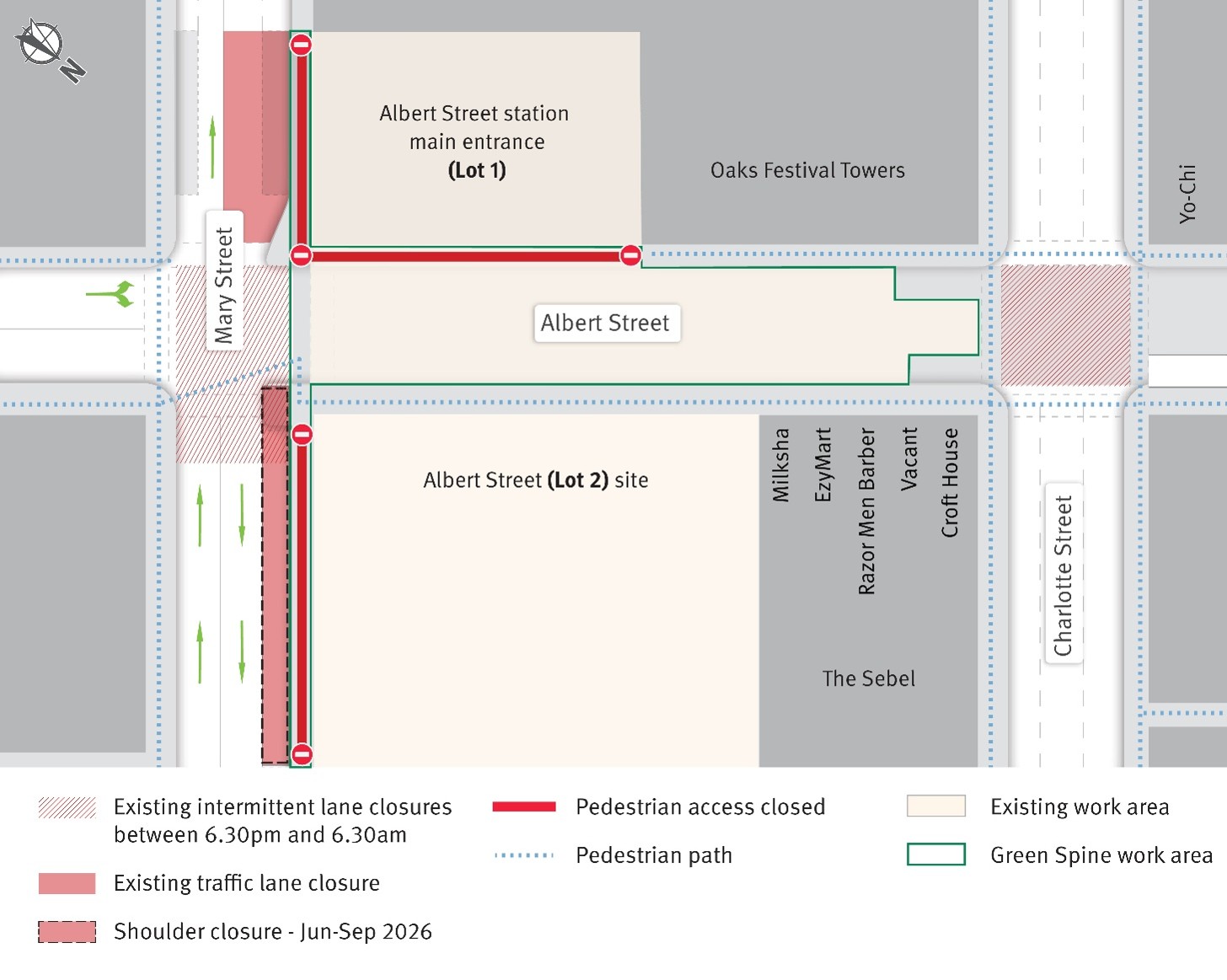 Temporary traffic changes on Mary Street with an additional shoulder closure on Mary Street from June to September 2026 to accommodate Green Spine works.