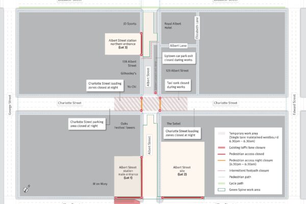Charlotte Street overnight lane closures and pedestrian detours from 6:30pm Monday 29 June 2026 to 6:30am Saturday 4 July 2026.