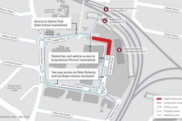 From Monday 29 June, a section of Boggo Road and Joe Baker Street will be temporarily closed for Boggo Road station precinct works