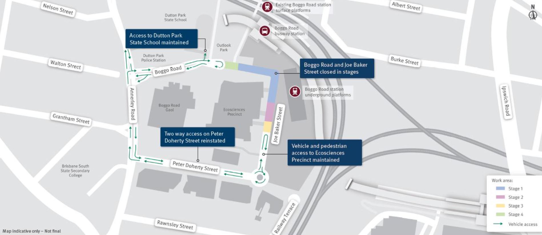 Image above: An overview of the temporary staged closure of Boggo Road and Joe Baker Street.