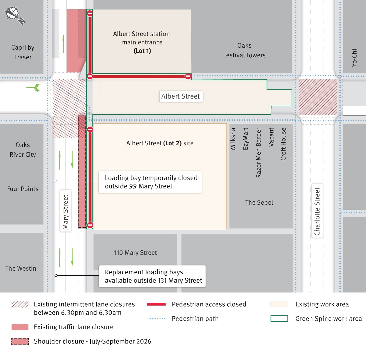 Map showing temporary traffic changes on Mary Street with an additional shoulder closure on Mary Street from July to September 2026 to accommodate Green Spine construction works.