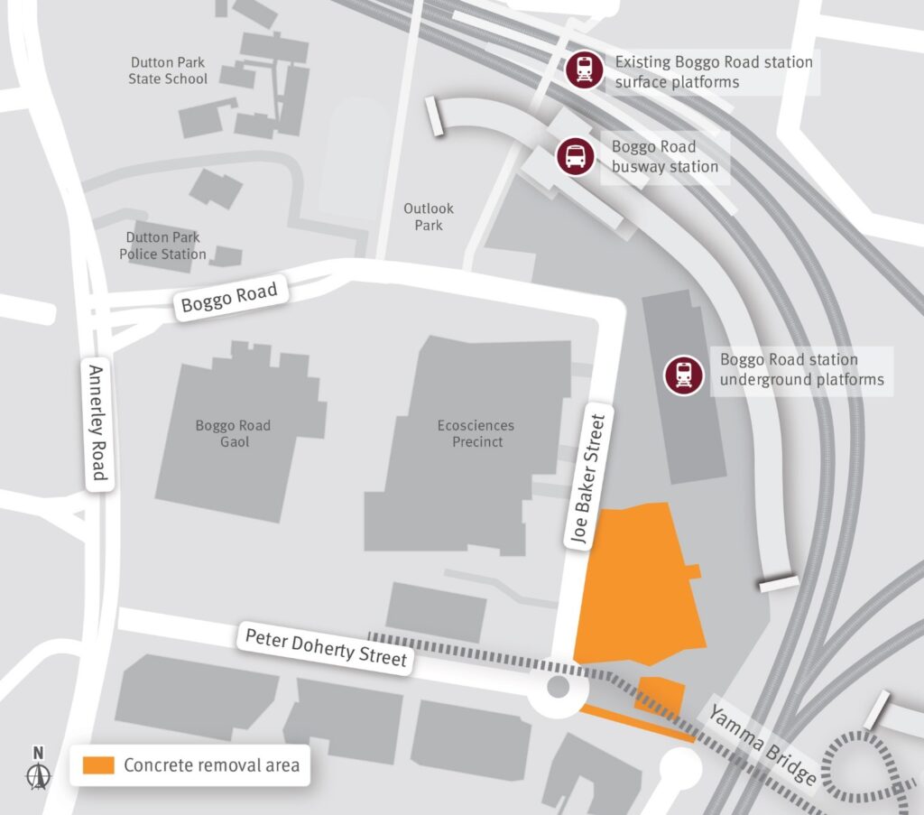 Boggo Road concrete slab areas to be removed from late July to October 2026.