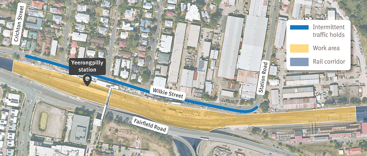 Map showing work areas and temporary traffic changes on Wilkie Street, Yeerongpilly