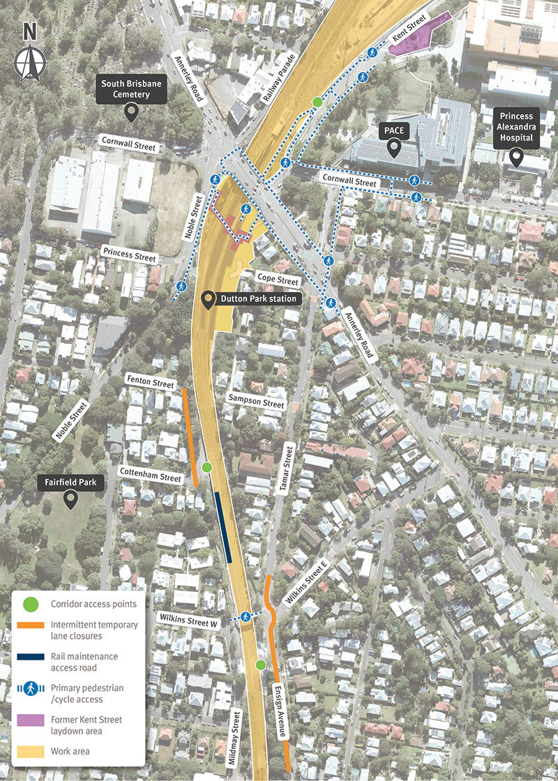 Map showing the Dutton Park station work areas, rail corridor stie access points and pedestrian routes between the station and Cornwall Street.
