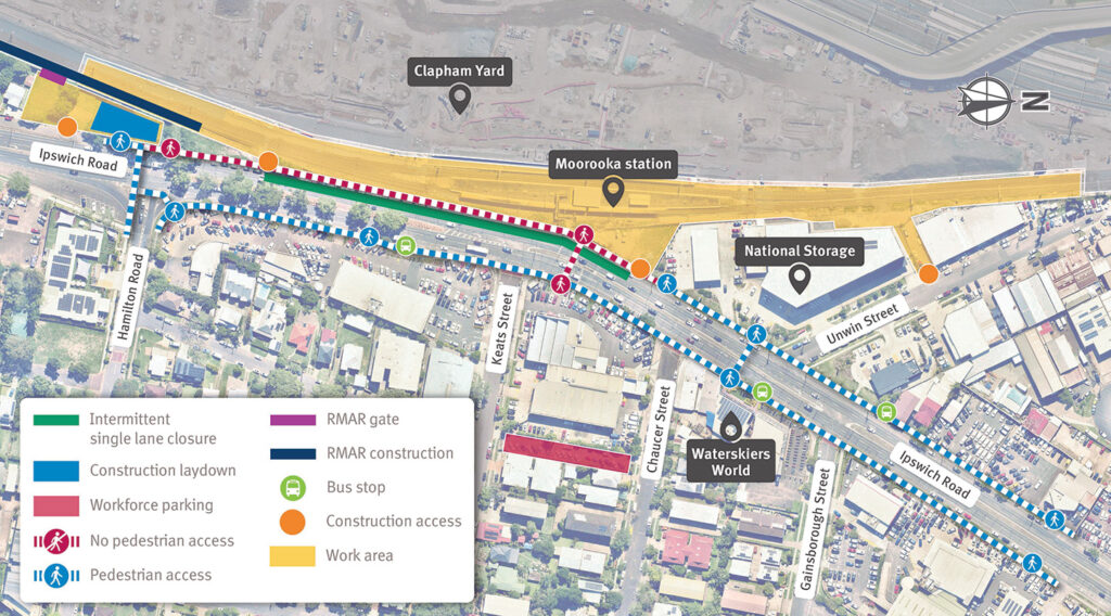 Map of work areas, construction access, cyclist and pedestrian access, and temporary traffic changes on Ipswich Road, Moorooka.