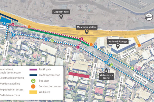 Map of work areas, construction access, cyclist and pedestrian access, and temporary traffic changes on Ipswich Road, Moorooka.