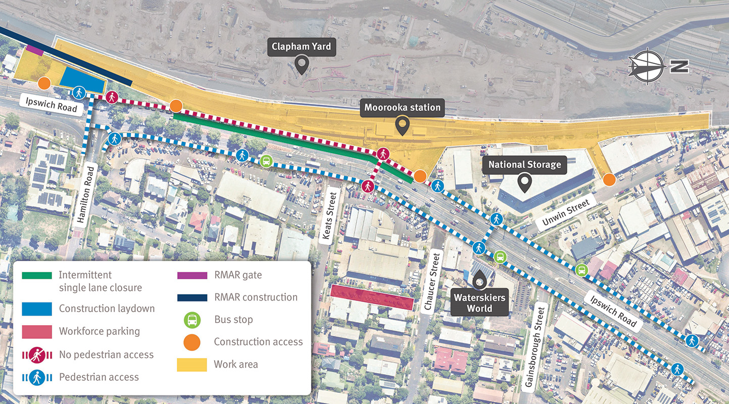 Map of work areas, construction access, cyclist and pedestrian access, and temporary traffic changes on Ipswich Road, Moorooka.