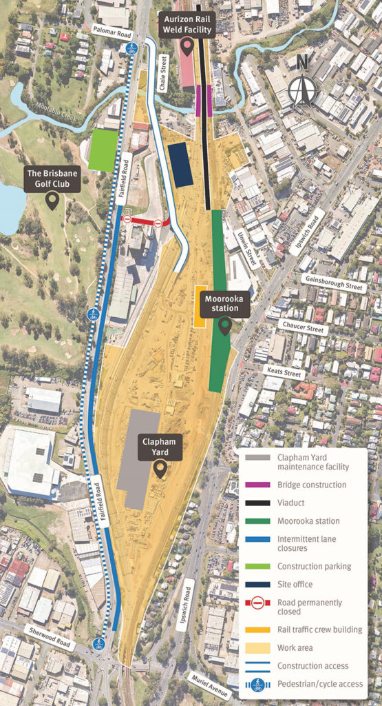 Map of work areas, construction access, cyclist and pedestrian access, and temporary traffic changes on Fairfield Road and Muriel Avenue, Yeerongpilly