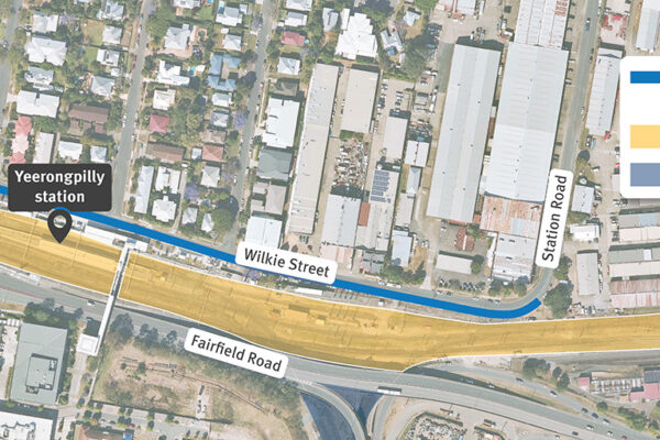 Map showing work areas and temporary traffic changes on Wilkie Street, Yeerongpilly