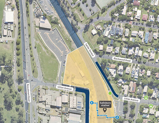 Map of work areas, construction access, pedestrian access and temporary traffic changes on Lillian Avenue, Fairlie Terrace and Dollis Street, Salisbury