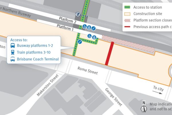 Map showing new entrance to access platfrom 1 at Roma Street station.