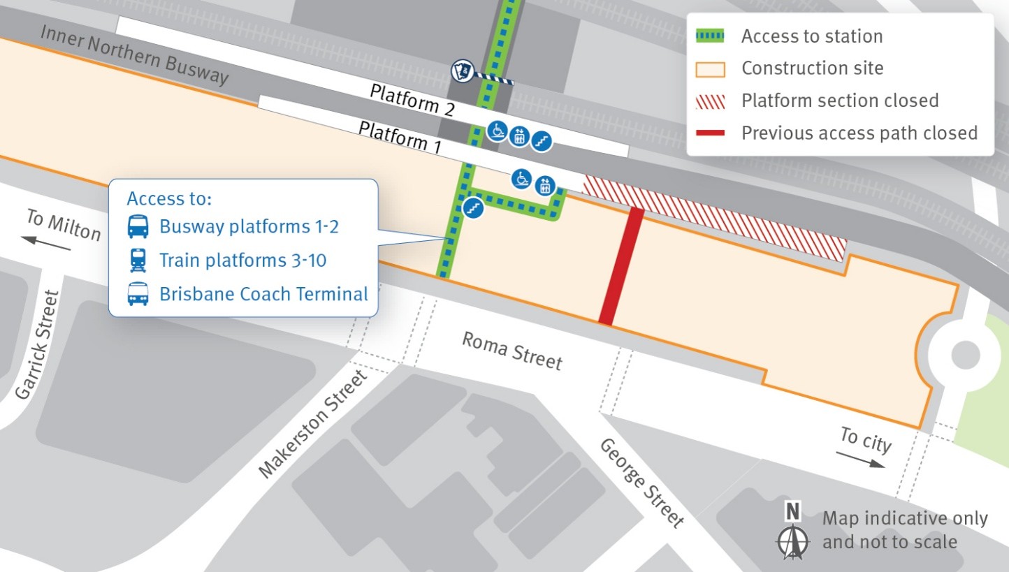 Map showing new entrance to access platfrom 1 at Roma Street station. 