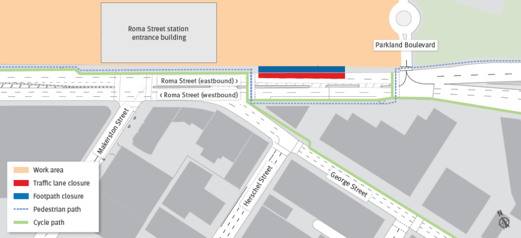 Roma Street northern footpath and existing eastbound lane closure from Monday 22 June 2026 to late October 2026.