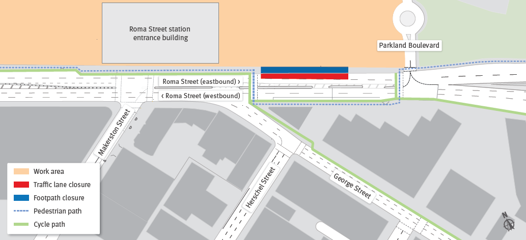 Roma Street northern footpath and existing eastbound lane closure from Monday 22 June 2026 to late October 2026.