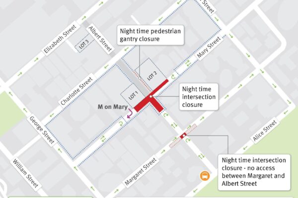 Temporary night-time intersection closures of Albert Street at Mary and Margaret street intersections.