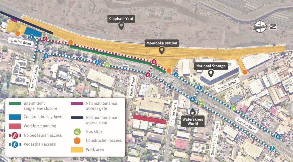 Map of work areas, construction access, cyclist and pedestrian access, and temporary traffic changes on Ipswich Road, Moorooka