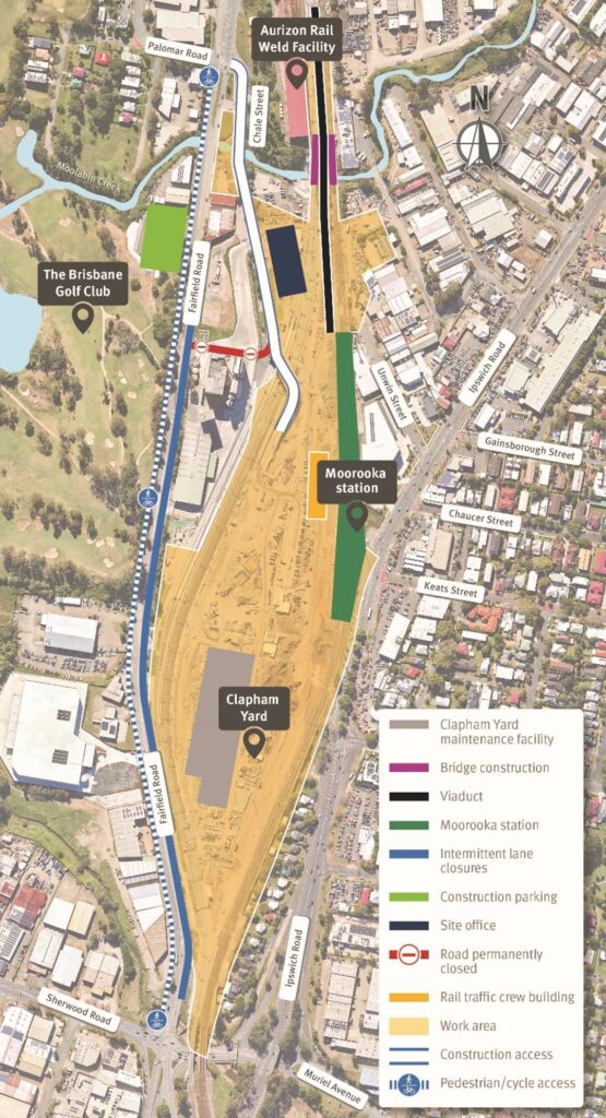 Map of work areas, construction access, cyclist and pedestrian access, and temporary traffic changes on Fairfield Road and Muriel Avenue, Yeerongpilly