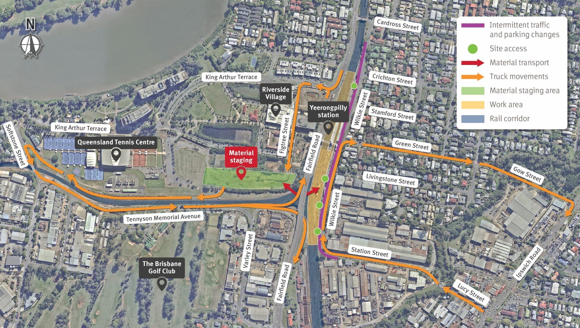 Map showing work areas and temporary traffic changes on Wilkie Street, Yeerongpilly
