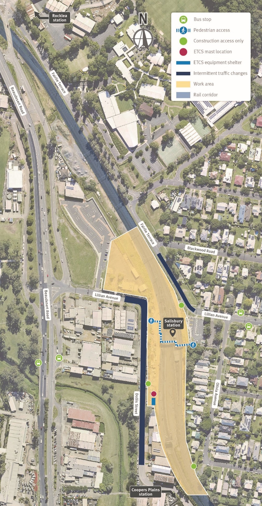 Map of work areas, construction access, pedestrian access and temporary traffic changes on Lillian Avenue, Fairlie Terrace and Dollis Street, Salisbury