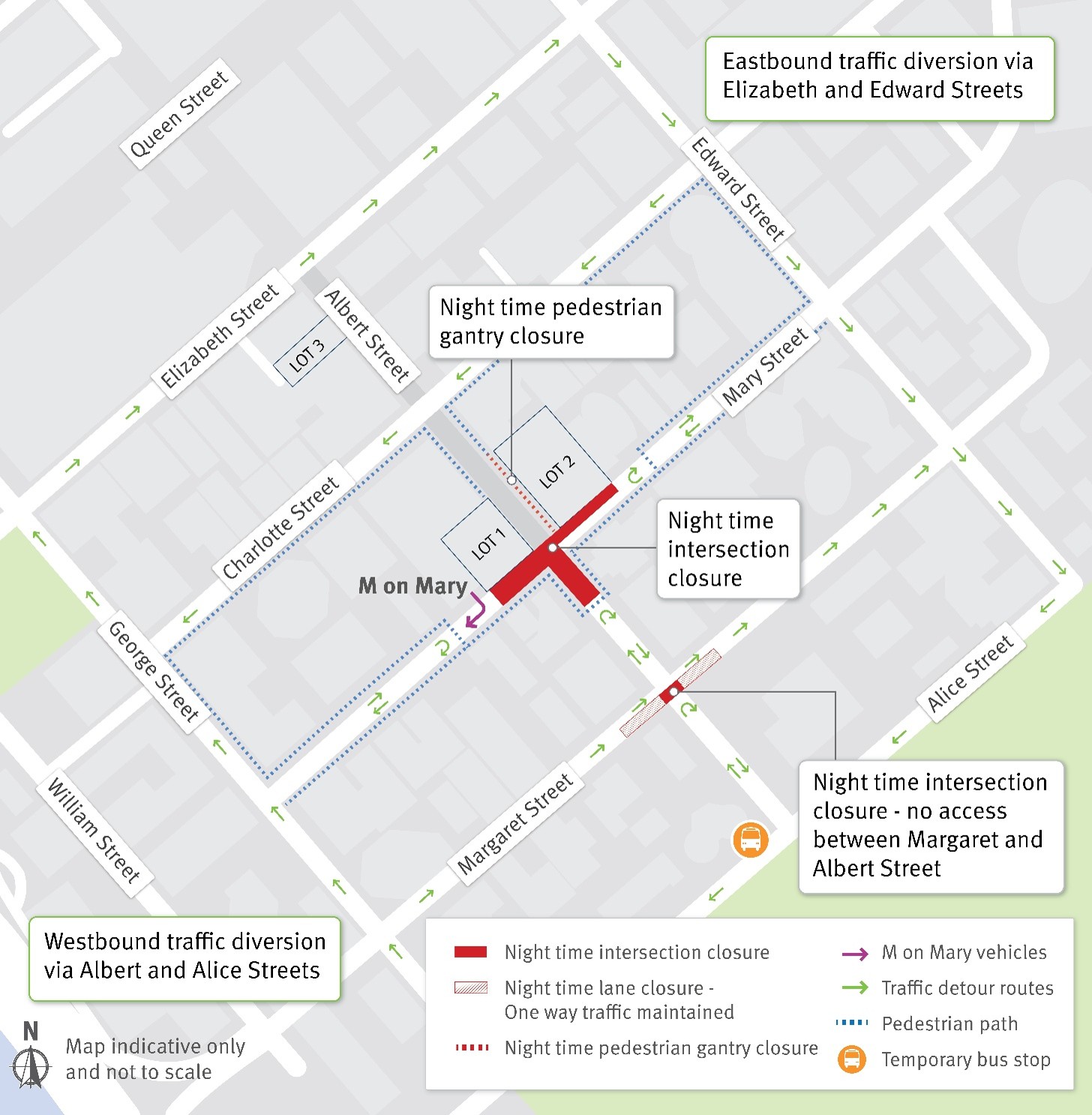 Temporary night-time intersection closures of Albert Street at Mary and Margaret street intersections