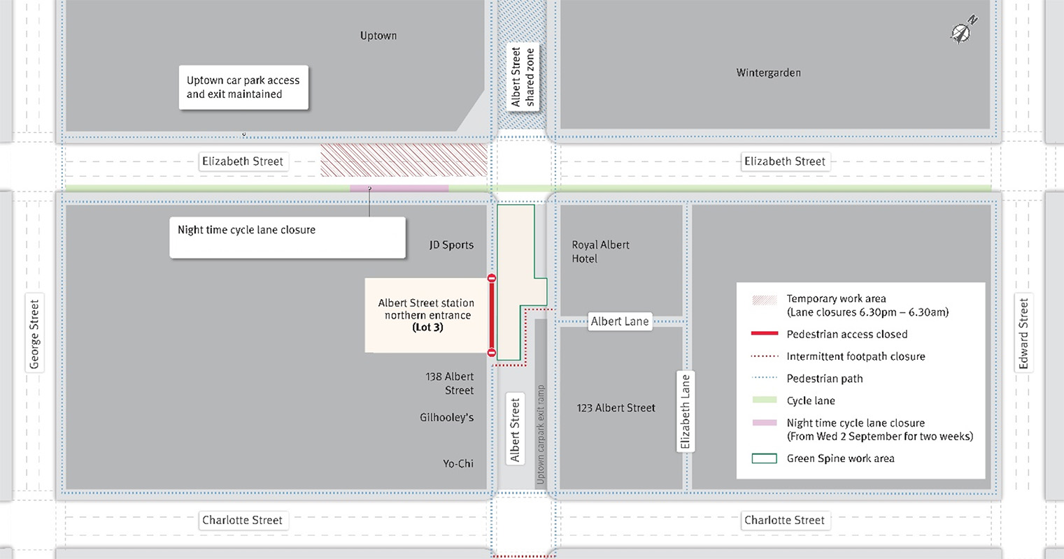 Temporary night-time lane closures on Elizabeth Street, one lane maintained.